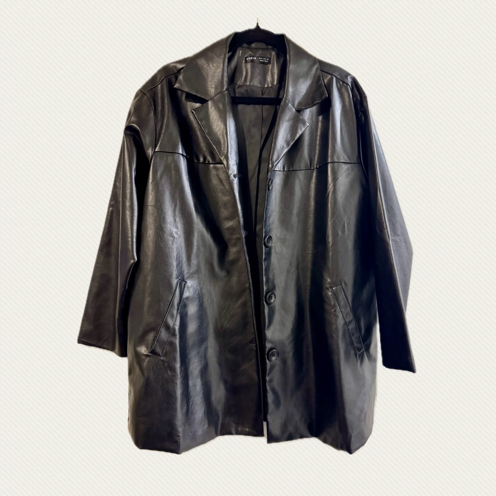 SHEIN Black Faux Leather Trench Coat